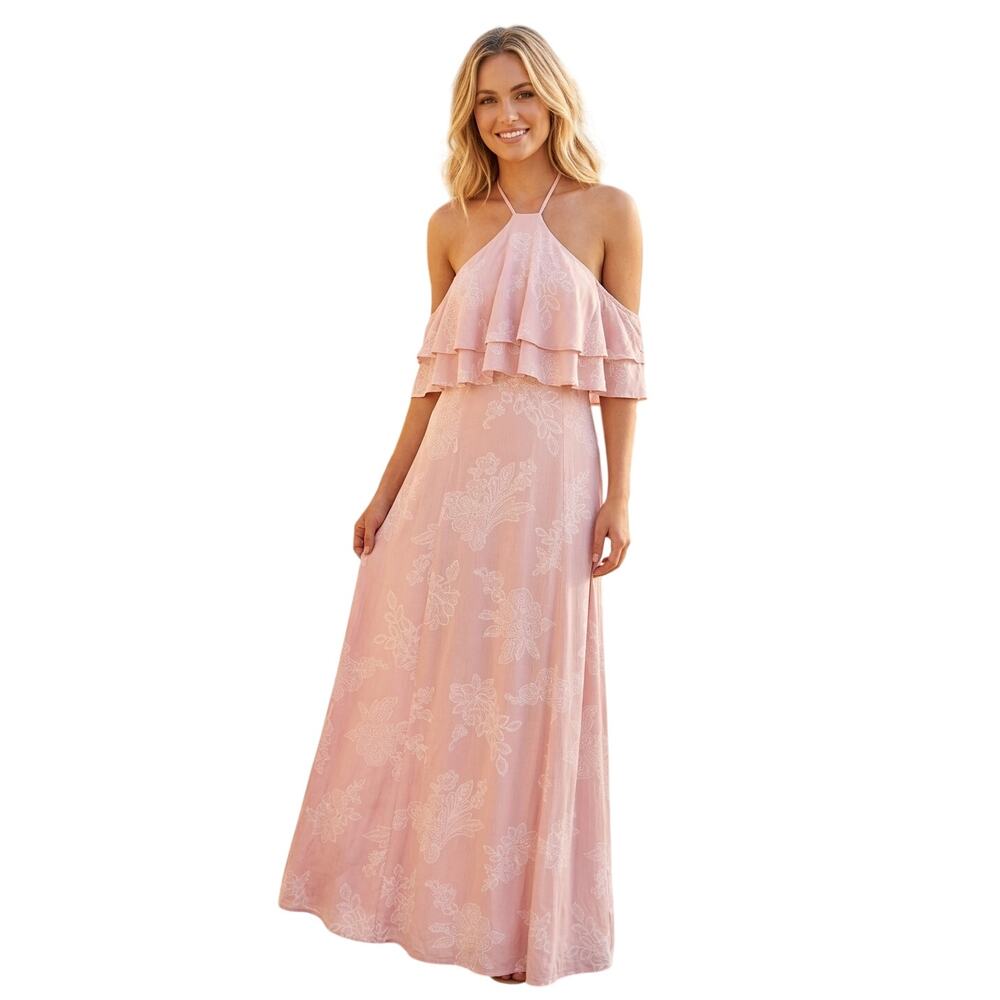 OneTheLand Maxi Dress Large Pink Cold Shoulder Halter Floral Feminine Romantic